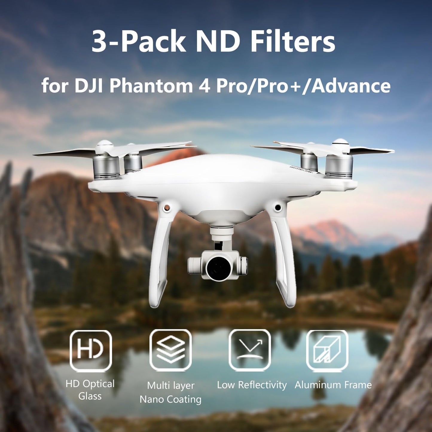 LENSKINS 3 Pack ND4/ND8/ND16 Camera Lens Filter for DJI Phantom 4 Pro/Pro+/Advance, AGC Optics, Weather-Sealed, Multi-Resistant Coated Neutral Density