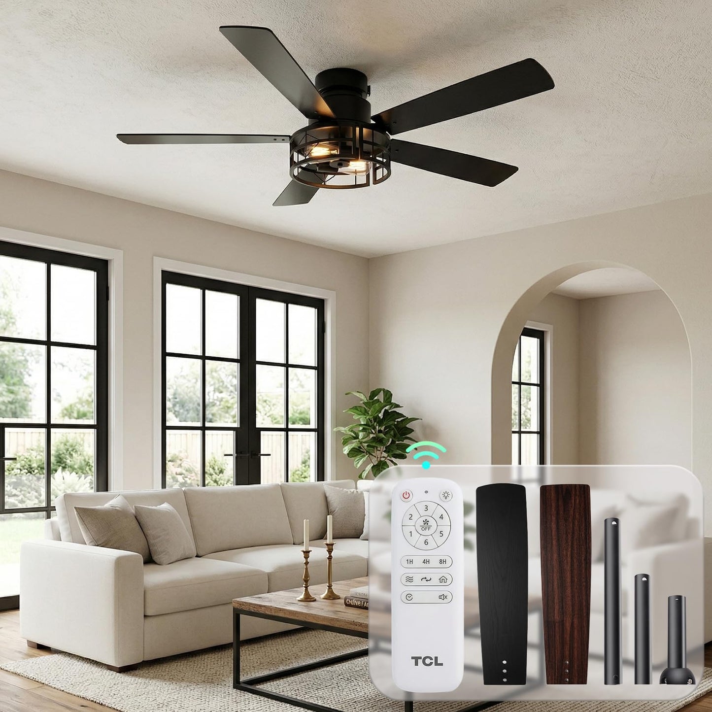 TCL 52" Black Caged Flush Mount Ceiling Fan with Light & Remote