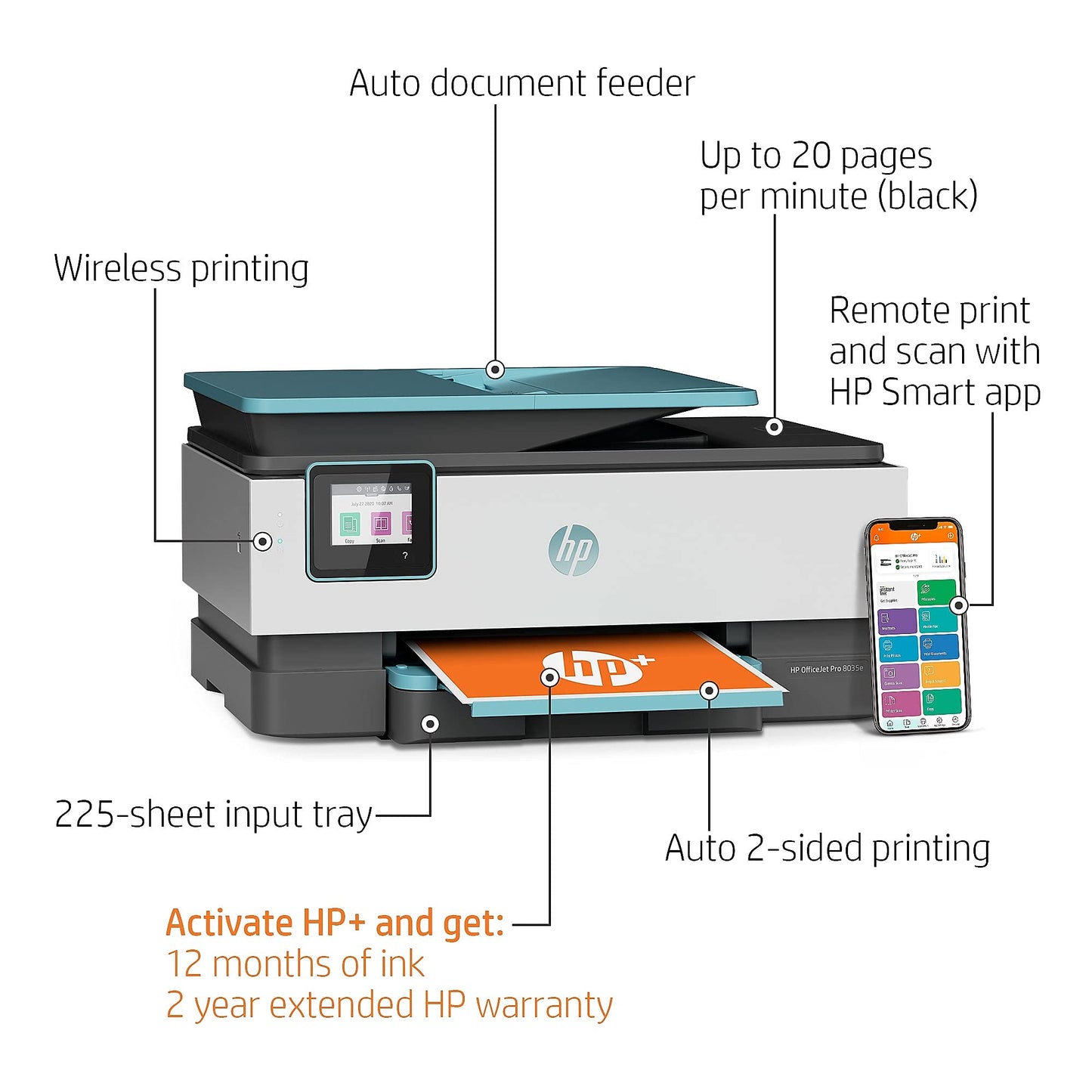 HP OfficeJet Pro 8035e Wireless Color All-in-One Printer (Oasis) with up to 12 Months Instant Ink (1L0H7A)