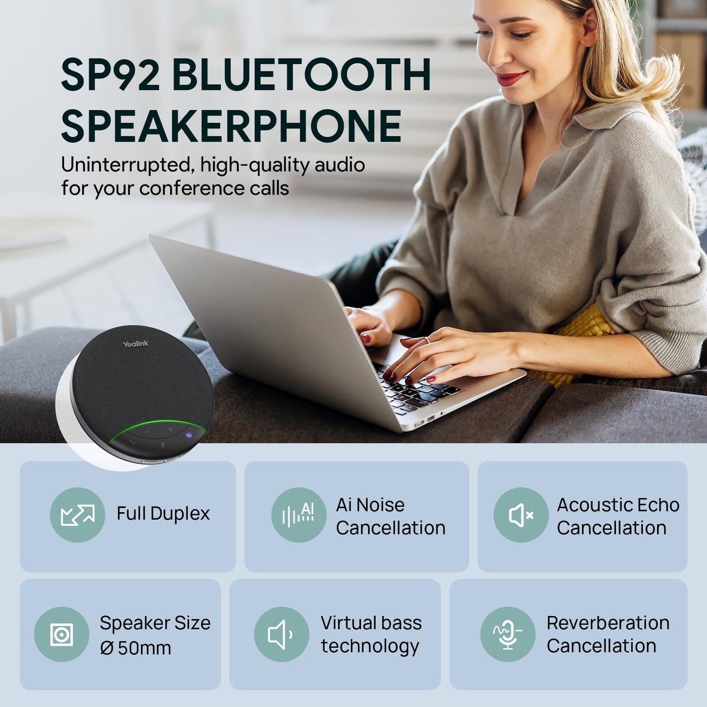 Yealink Sp92 Conference Speaker and Microphone Teams Certified Mic with Al Noise Cancelling 20H Call Time USB Speakerphone for Small Meeting Room