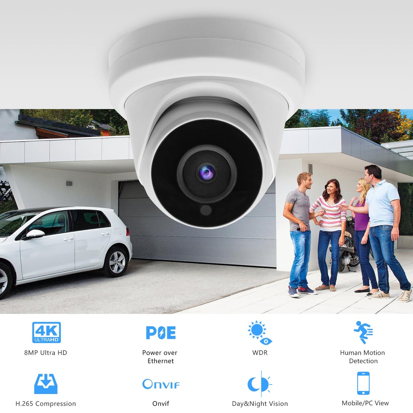 Tennoz 8MP 4K IP PoE Turret Camera Outdoor, H.265 PoE IP Security Dome Camera with 80ft Night Vision, 2.8mm Lens, 105° Wide Angle, Built-in Mic, WDR