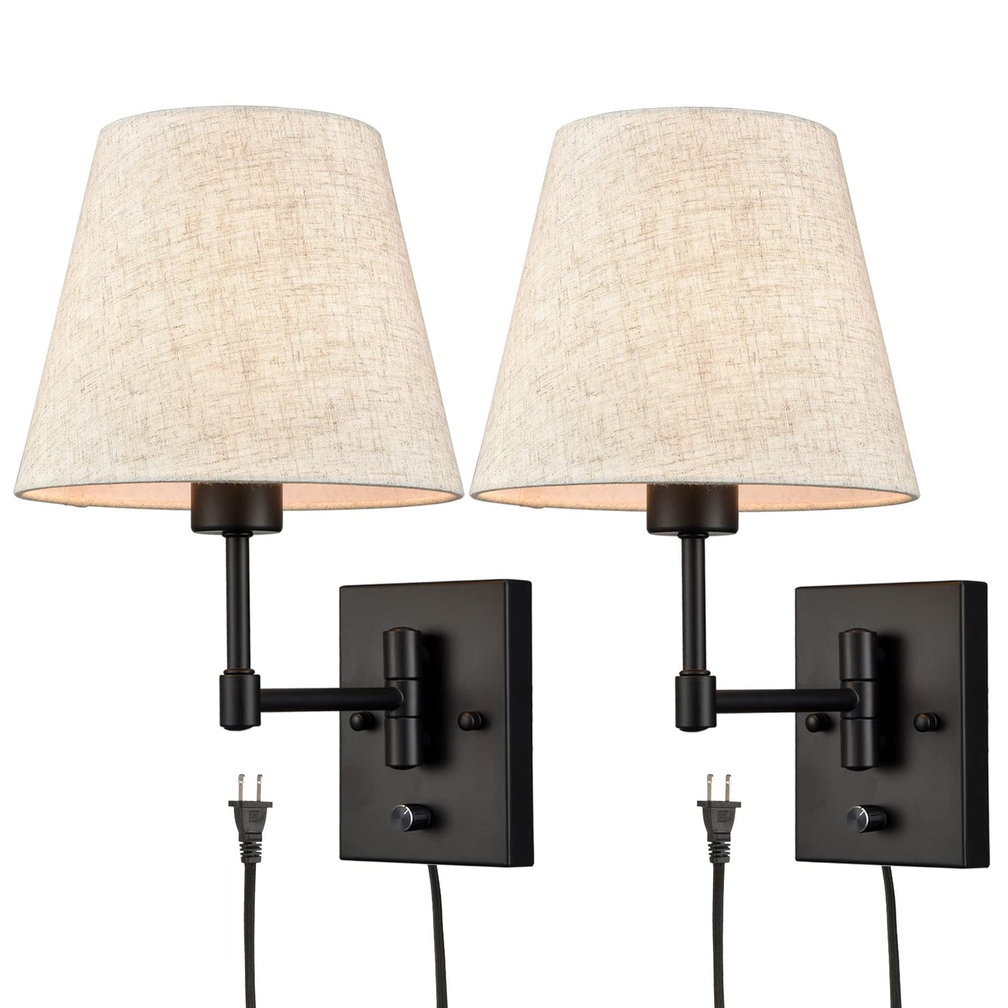 SAMTEEN Swing Arm Wall Sconces Set of Two Modern Black Sconce Light Plug in Wall Sconce with Shade, Black Swing Arm Wall Lamp with Plug in Cord