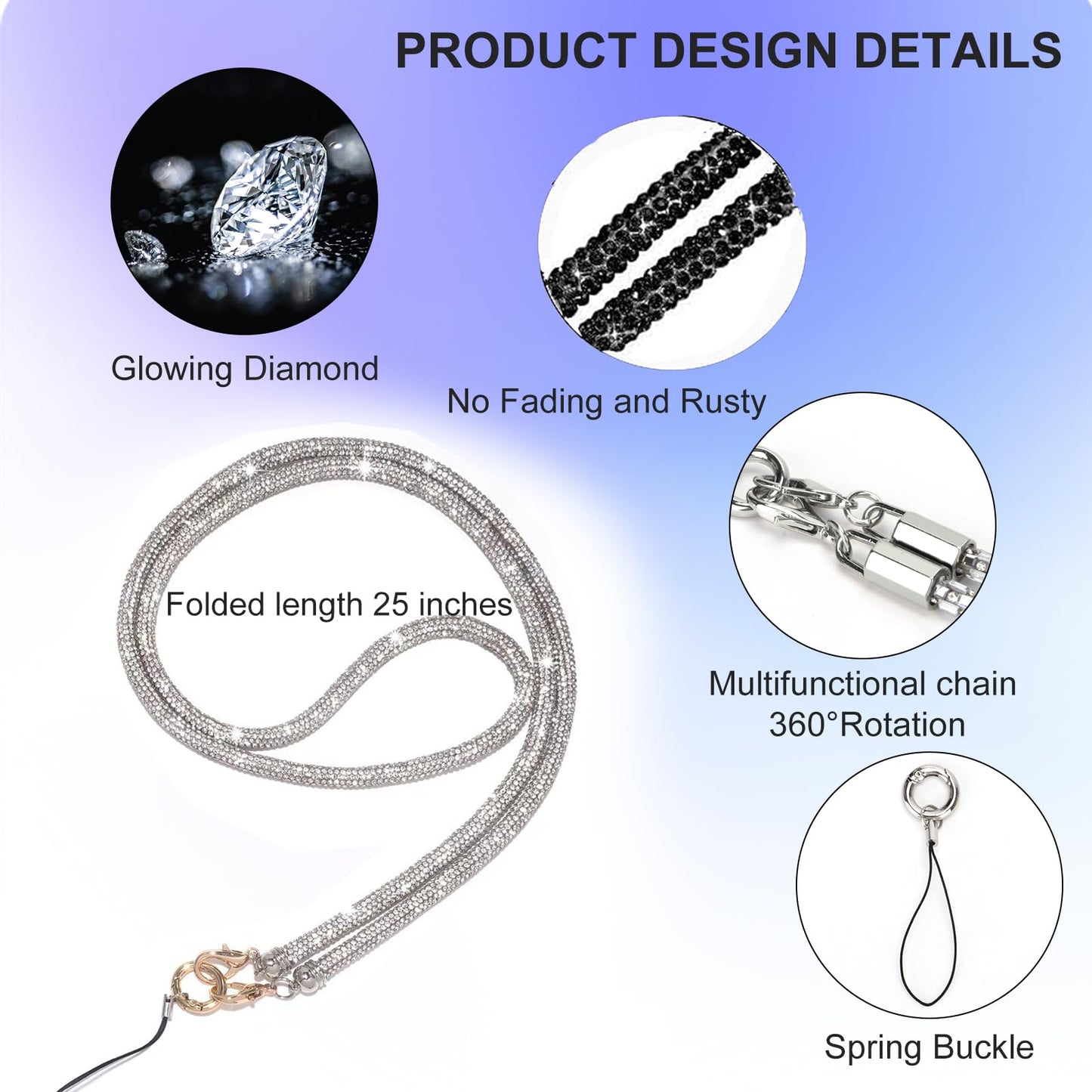 AOPNN Crossbody for Phone Lanyard Chain Water Diamond Universal Lanyard Suitable for most mobile phones and bags (Silver)