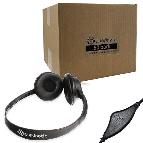Soundnetic SNCCV Bulk Classroom Headphones 50 Pack - Stereo Headphones with Leatherette Earpads & Volume Control, Black - Ideal for Schools