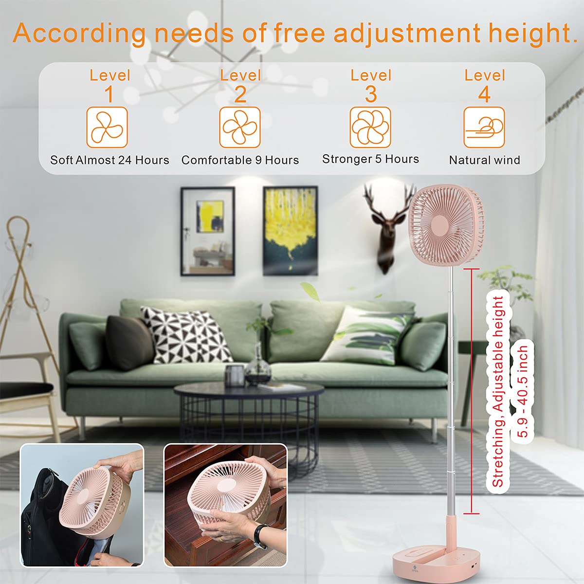 Magesh Portable Pedestal Fan - Foldaway Standing Fan Foldable Desk Fan, Use 7200Mah Rechargeable Battery, Remote Control Telescopic 4 Speed Quiet