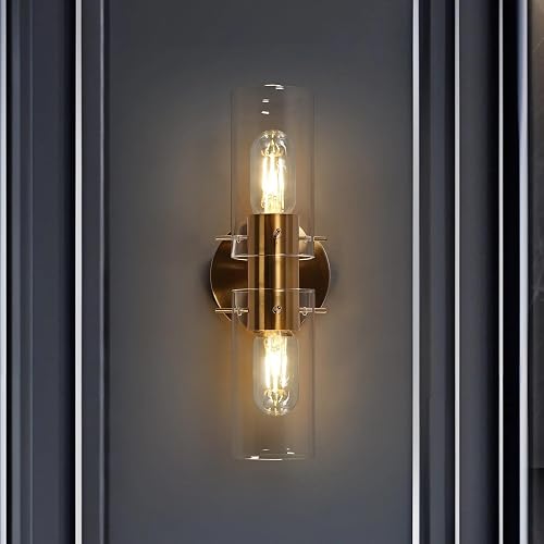 GEPOW Sconces Wall Lighting, Modern Gold Wall Sconces Indoor with Clear Glass Shade, 2-Light Plating Brass Bedroom Bathroom Wall Sconce Light Fixtures