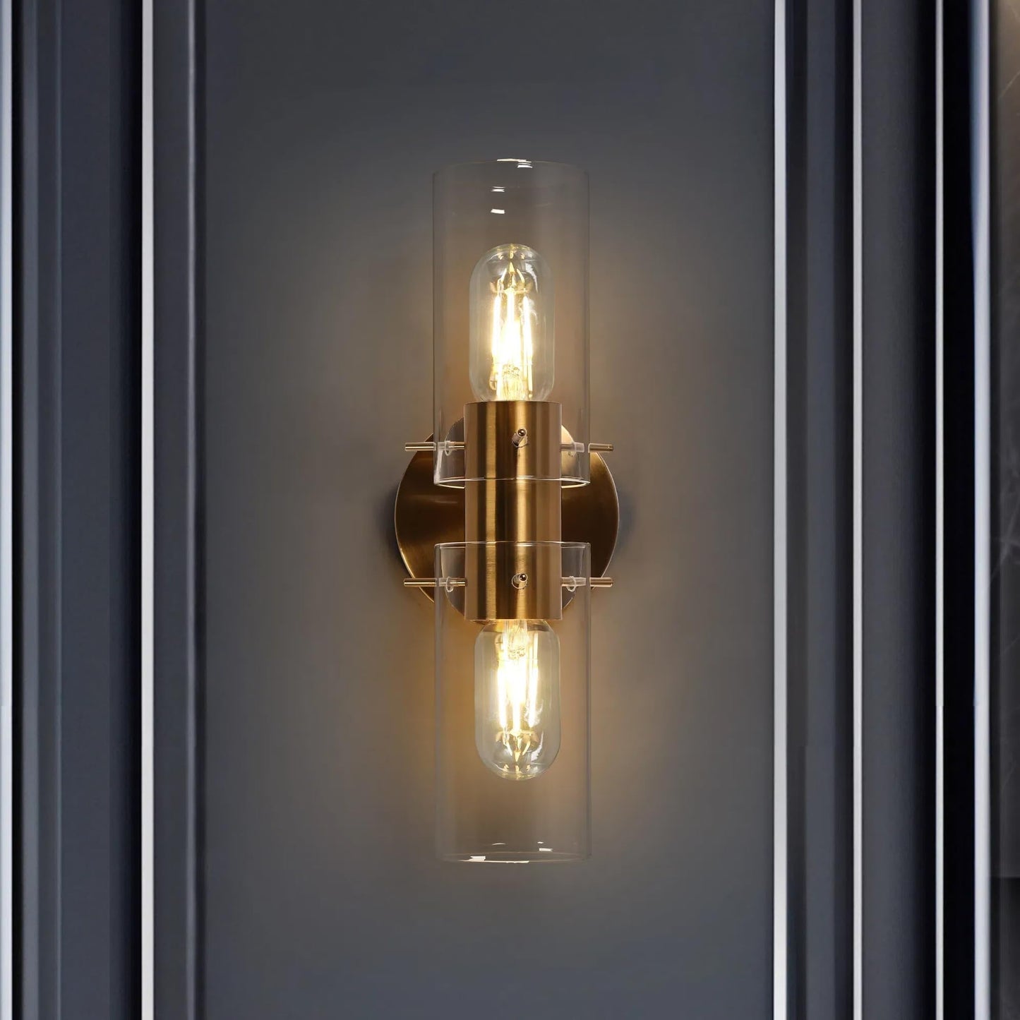 GEPOW Sconces Wall Lighting, Modern Gold Wall Sconces Indoor with Clear Glass Shade, 2-Light Plating Brass Bedroom Bathroom Wall Sconce Light Fixtures