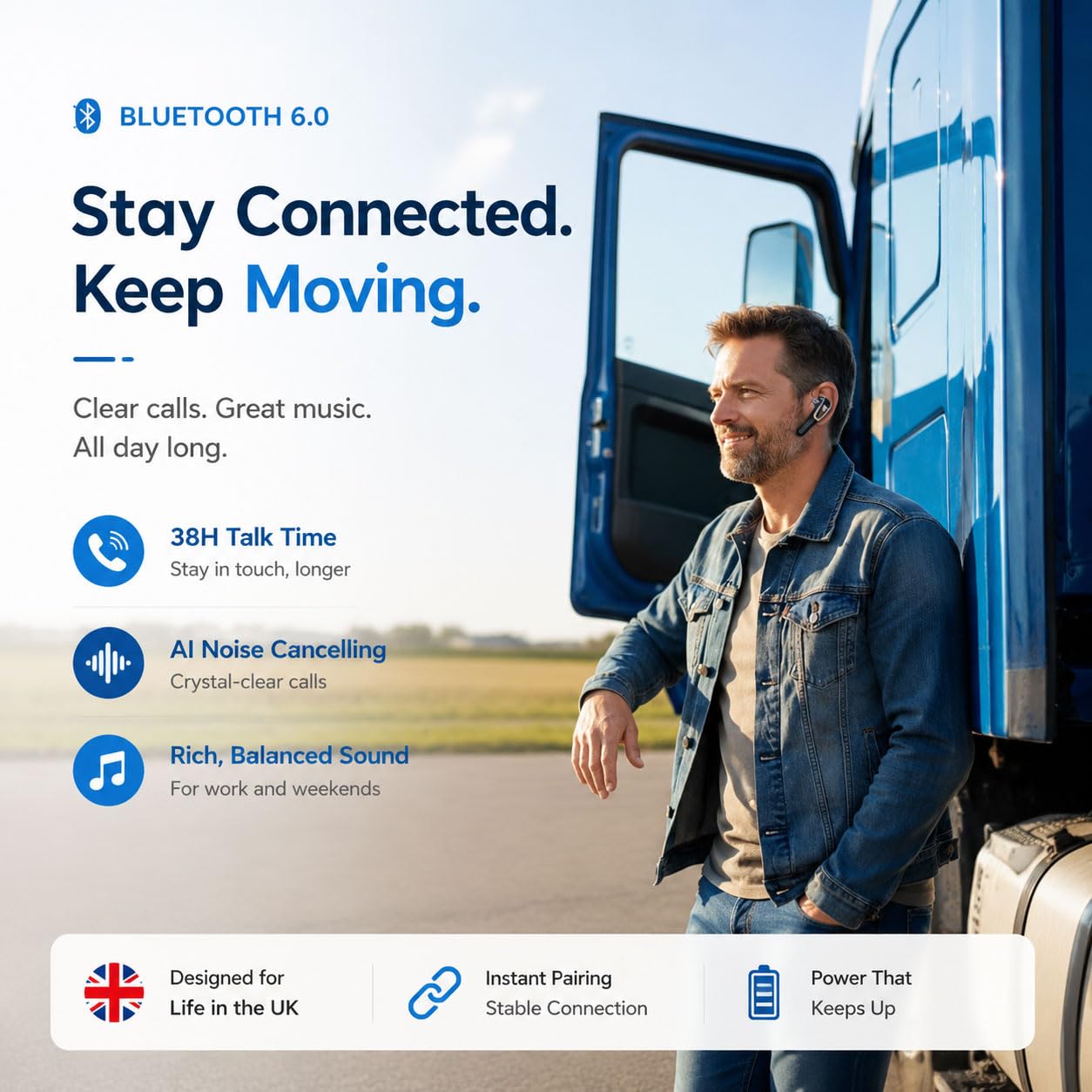 Micool Bluetooth Earpiece for Truckers V6.0 with Noise Cancelling 38 Hours Wireless Headset for Driving, Handsfree Single Ear Headphone for CB Radio