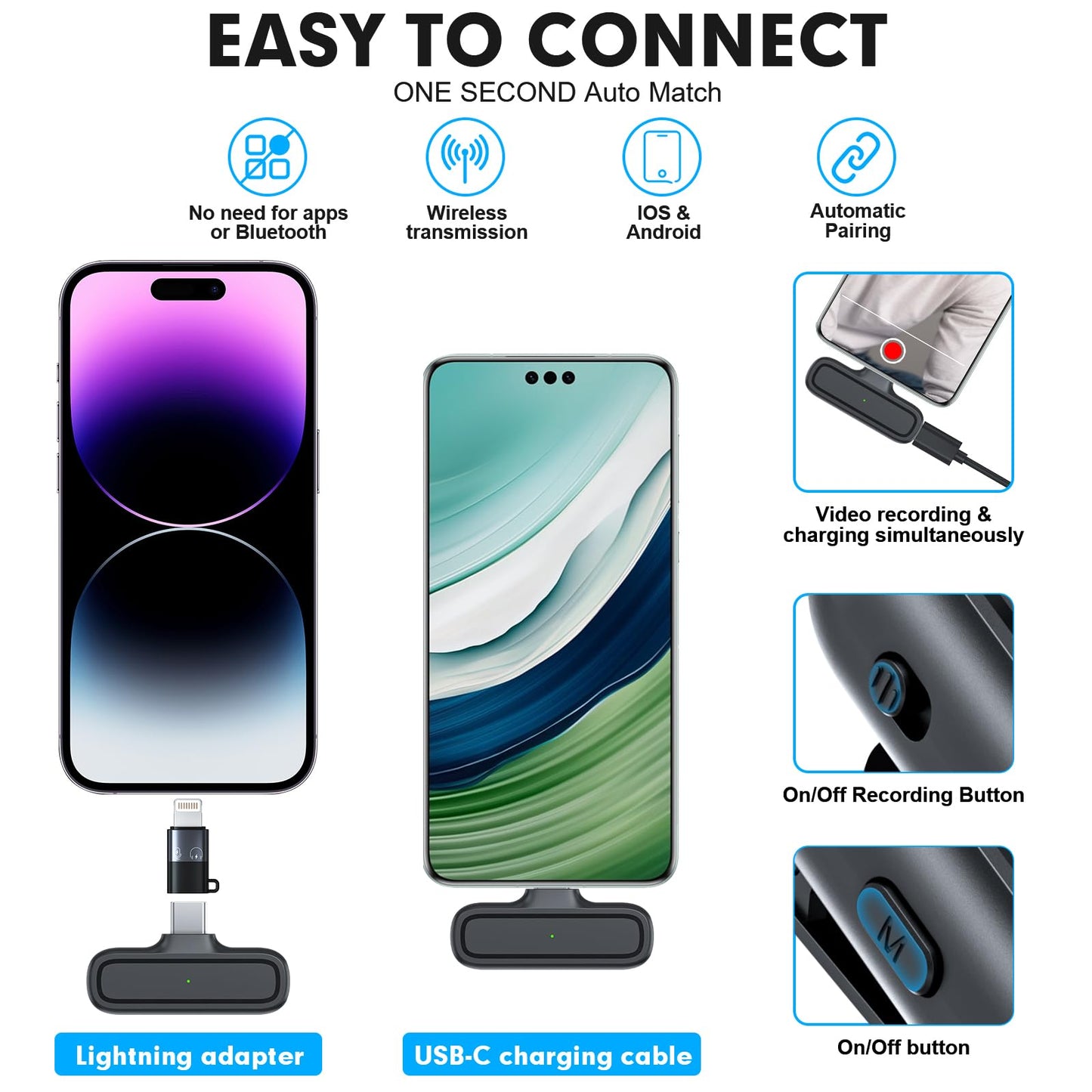 2-Pack Wireless Lavalier Microphone for iPhone Android - Plug and Play Noise Reduction Clip-on Mic with Charging Case, for Vlogging YouTube Live