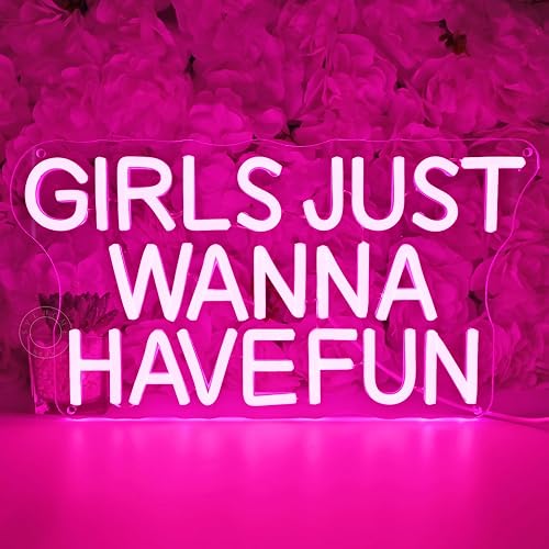SYLHOME Pink Led Neon Light Sign Girls Just Wanna Have Fun Bedroom Girls Room Wall Decor Sign Birthday Wedding Christmas Party Backdrop Sign USB