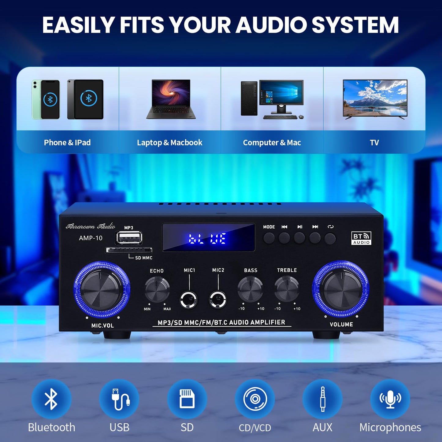 Beffkkip Amp10 Amplifier Home Audio,400W Power Amplifier 2 Channel Stereo Receiver with Bluetooth 5.0,Active Subwoofer Output, FM Radio, USB/SD/AUX