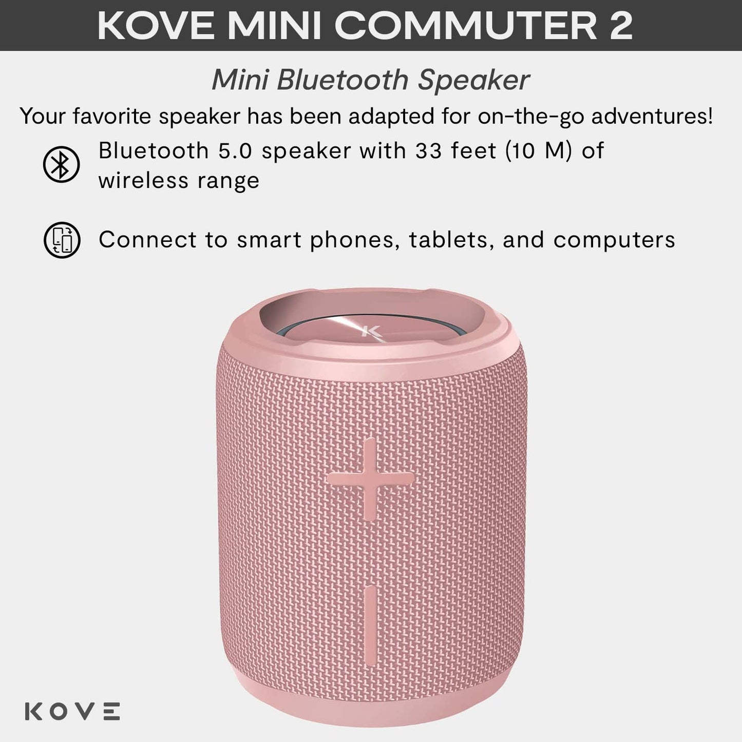 KOVE Mini Commuter 2 Portable Speaker - Pink Bluetooth Speakers, Wireless with HD Louder Volume, Deep Bass Subwoofer, Microphone, IPX7 Water Resistant