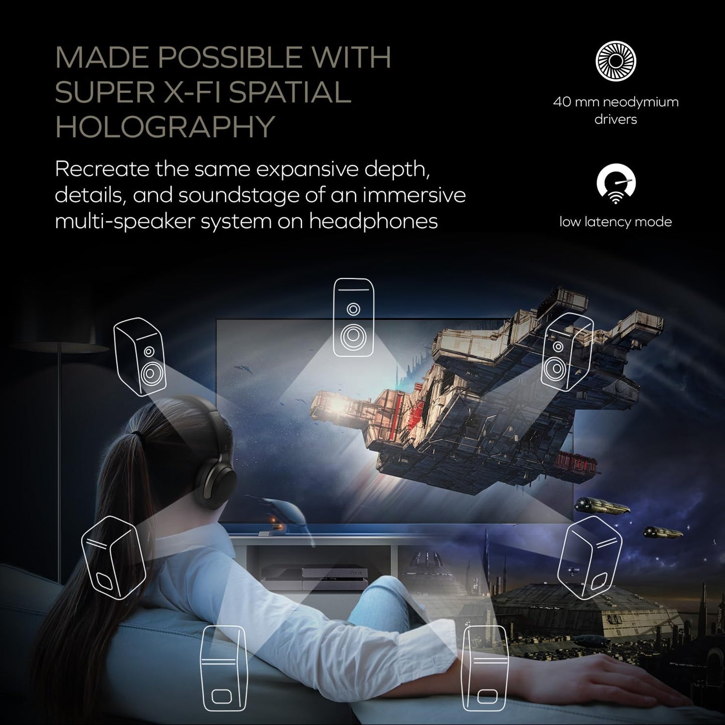 Creative Zen Hybrid SXFI Wireless Over-Ear Headphones with Super X-Fi Technology, Adaptive Hybrid Active Noise Cancellation, Ambient Mode, Up to 70