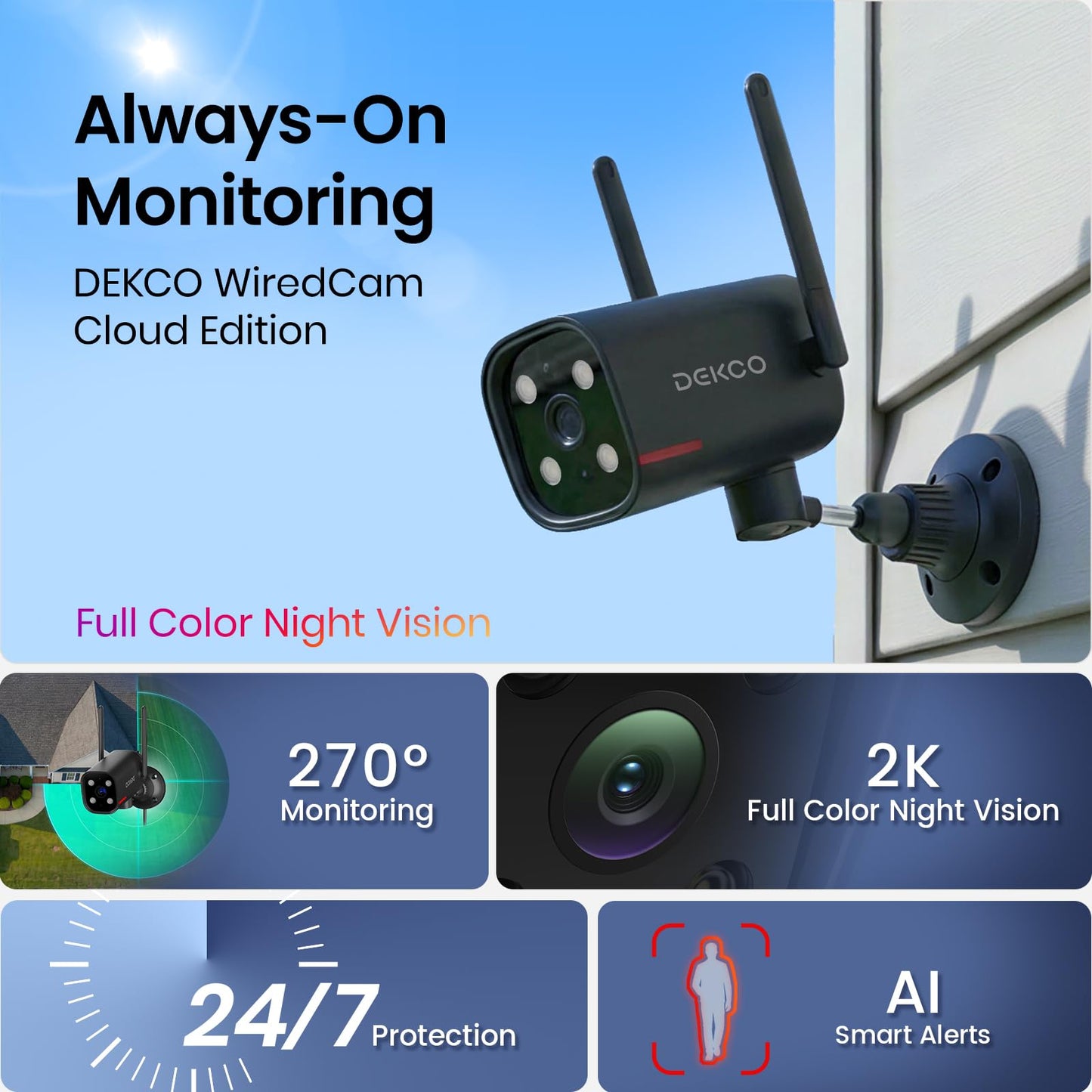 DEKCO Wired 2K Security Camera Outdoor, 180° Pan & 270° Coverage, 24/7 Constant Power Surveillance, Full Color Night Vision, AI Human Detection, Cloud