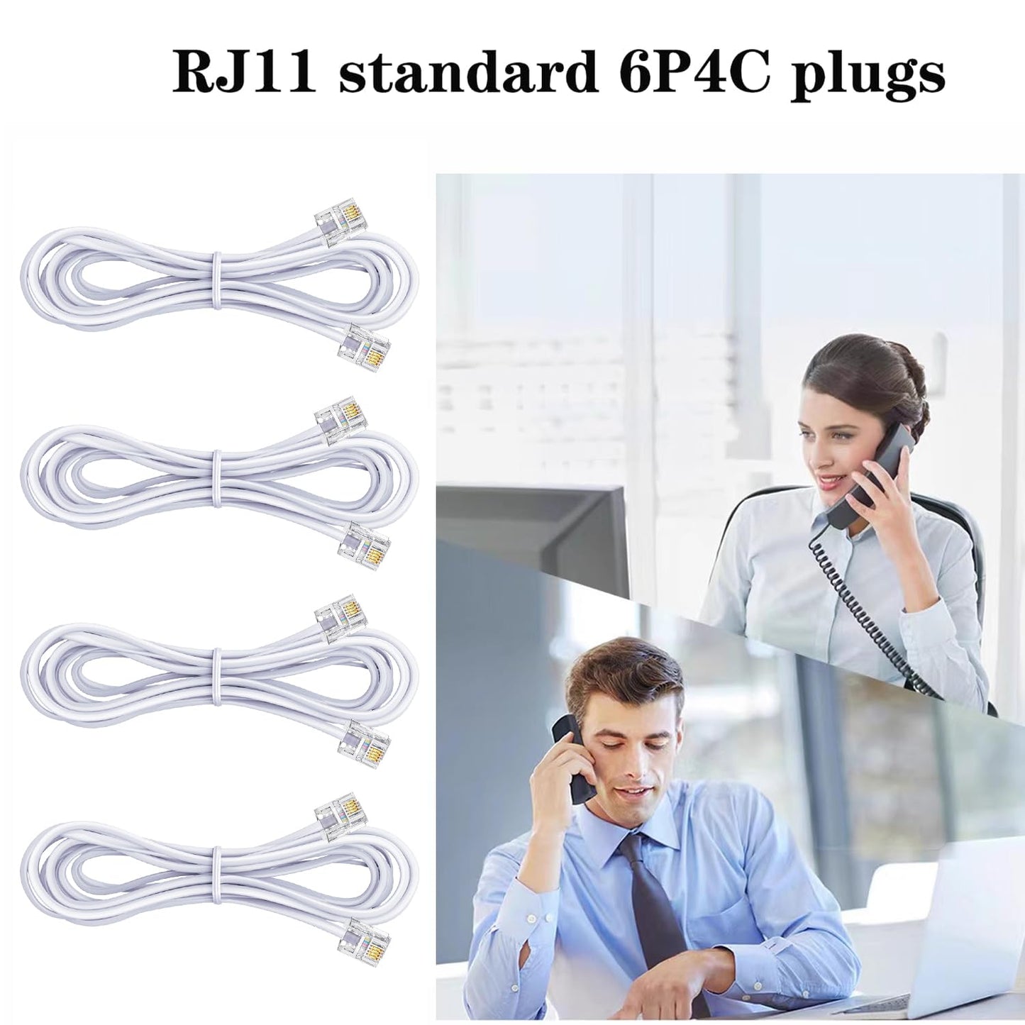 Yumiwoow Telephone landline Extension Cord Cable, Cord with Standard RJ-11 6P4C Plug (10FT-4Pack-White)
