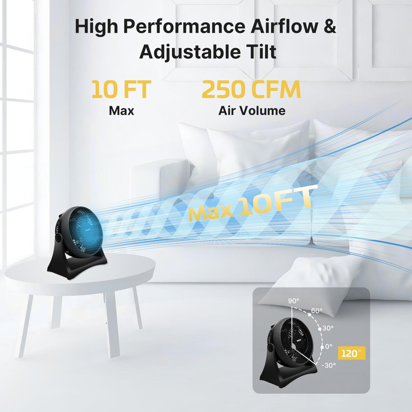 Shop-Air 8" Wall-Mounted Desk Fan, TurboForce Air Circulator Fan, High-Velocity Cooling Table Fan, 3 Speeds, Quiet Operation, 120° Adjustable Tilt