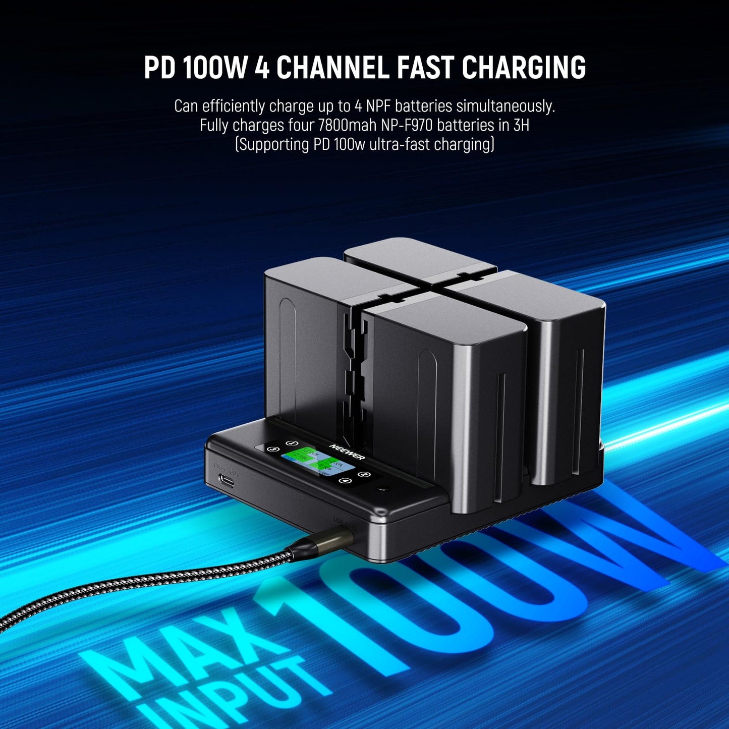 NEEWER NP-F970 4 Channel Charger with Smart Power Consolidation Compatible with Sony NP-F550 750 Camcorder NPF Camera Battery, PD100W Fast