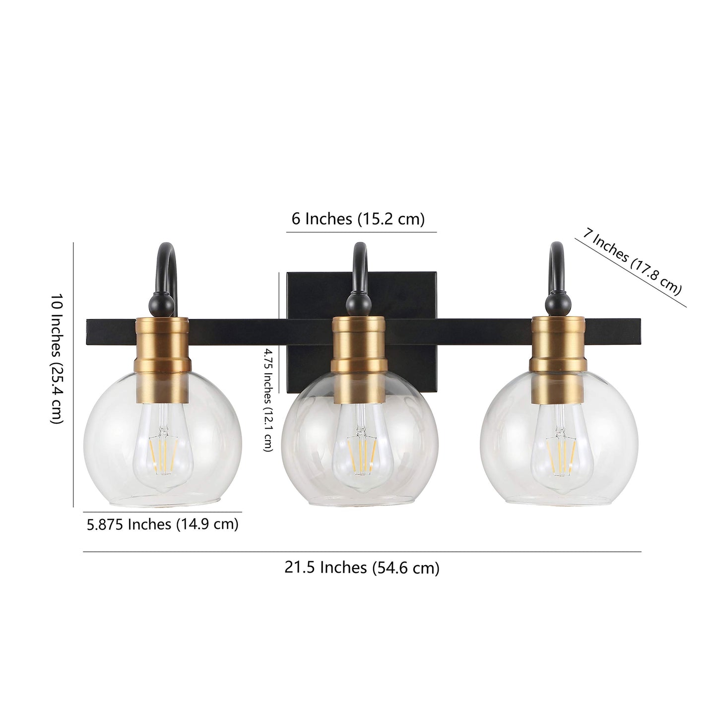 JONATHAN Y 21.5" Black/Brass Gold Vintage Wall Sconce, LED Vanity Light for Bathroom Bedroom Entryway, Clear Glass Globe Shade, Modern Industrial