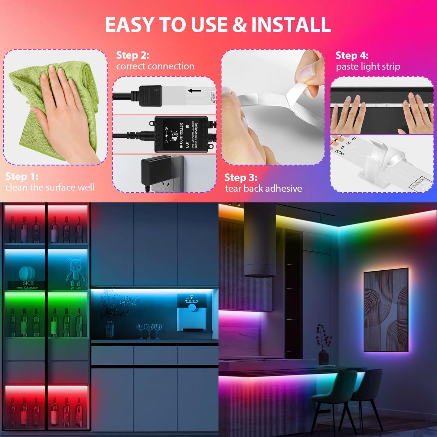 LED Strip Lights 65.6Ft(2 Rolls of 32.8ft), Dimmable 5050 RGB Color Changing Lights Strip with 40 Key IR Remote Controllers, Self-Adhesive Flexible