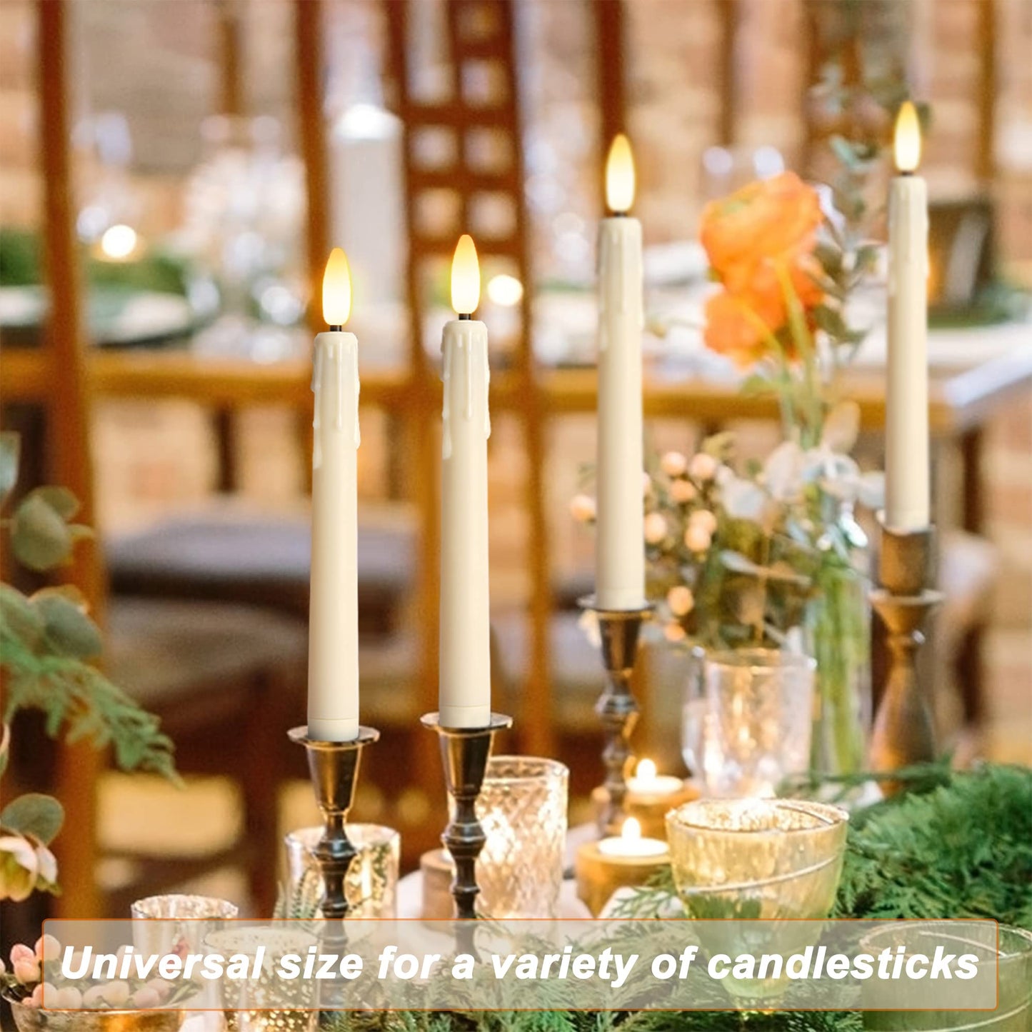 yunsheng Battery Operated LED Window Candles with Remote Timer, 8 Inches Ivory Flameless Taper Flickering Candles, Removable Black Candlesticks