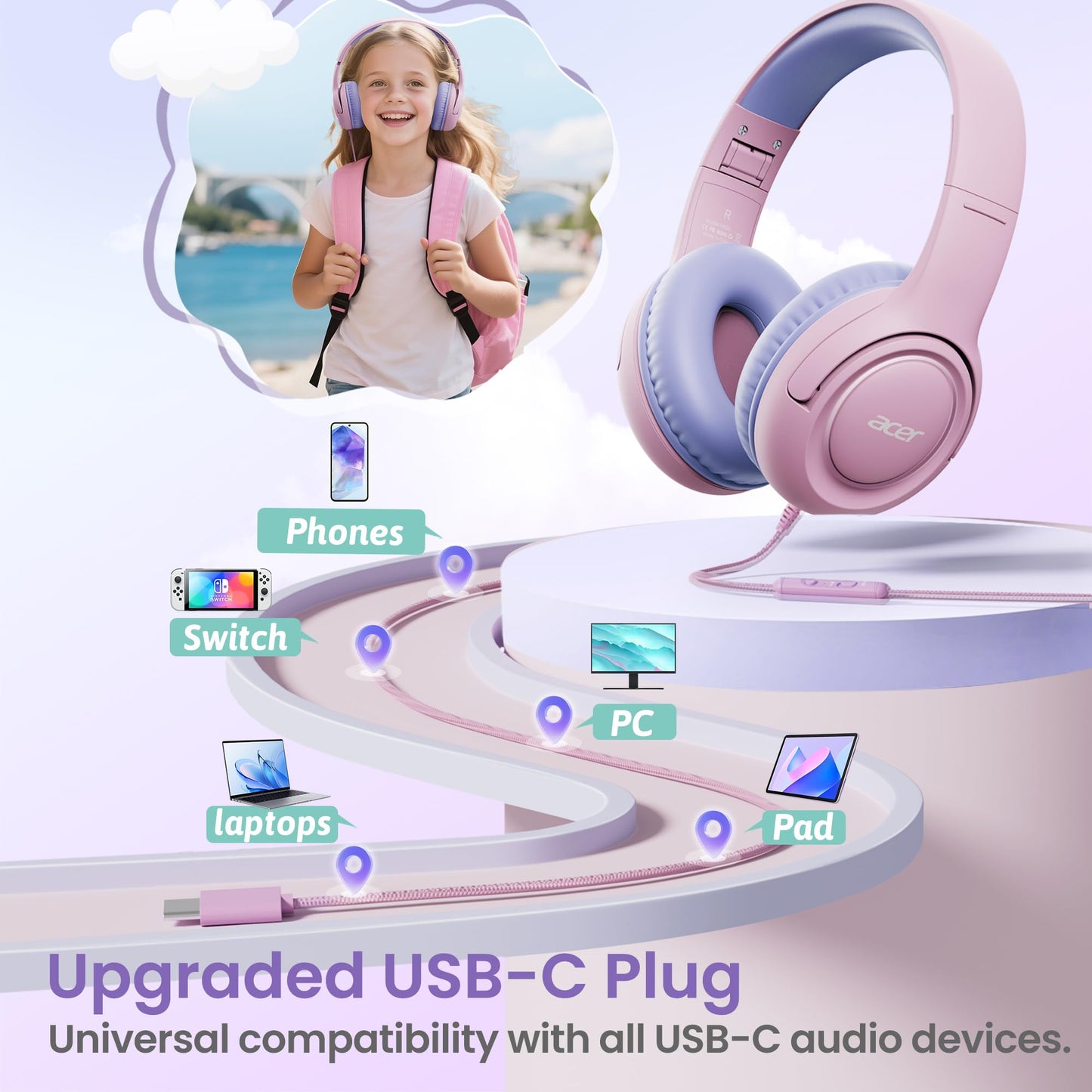 Acer USB?C Kids Headphones for School, 85?94dB Limiter, w/Mic HK03C