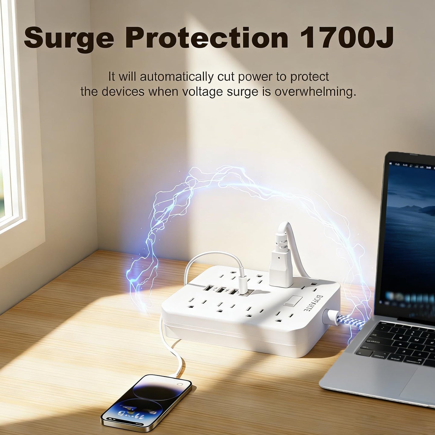 BOPARTE Surge Protector Power Strip, 10 Ft Extension Cord with PD 30W USB C Port, 8 AC Outlets and 3 USB A Ports for Home, Office, Dorm Essentials