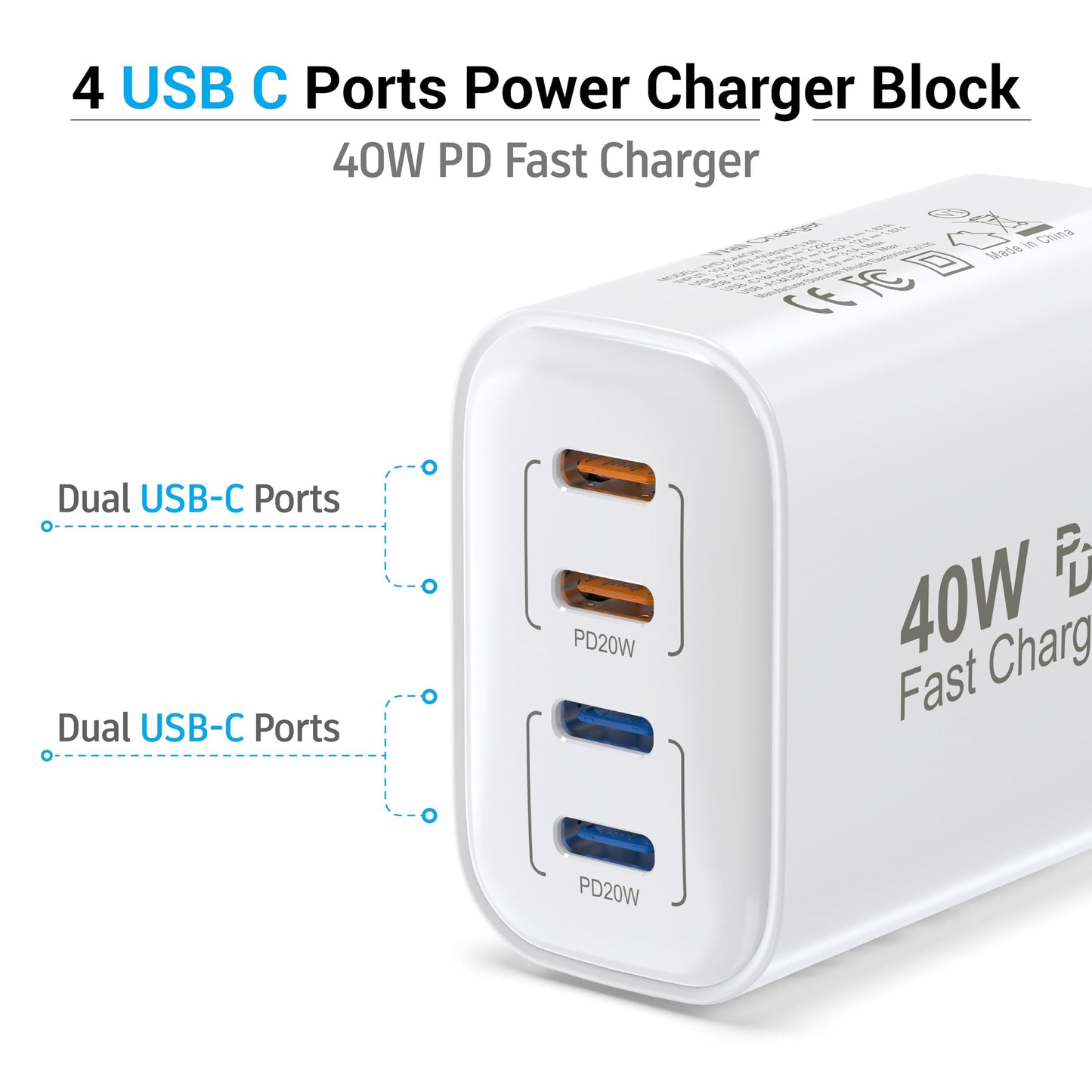 40W USB C Charger Block, 2-Pack, 4 USBC Ports, Type C Wall Plug USB-C Fast Charging, iPhone Charger Adapter Box Cube for iPhone 17, 17 Air, 17 Pro, 17