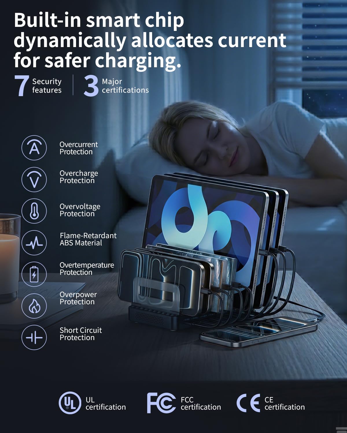 288W Charging Station for Multiple Devices, 8-Port Multi USB C Fast Charger Station Dock with Adjustable Dividers & 7 Cables,Multi-Purpose Desktop