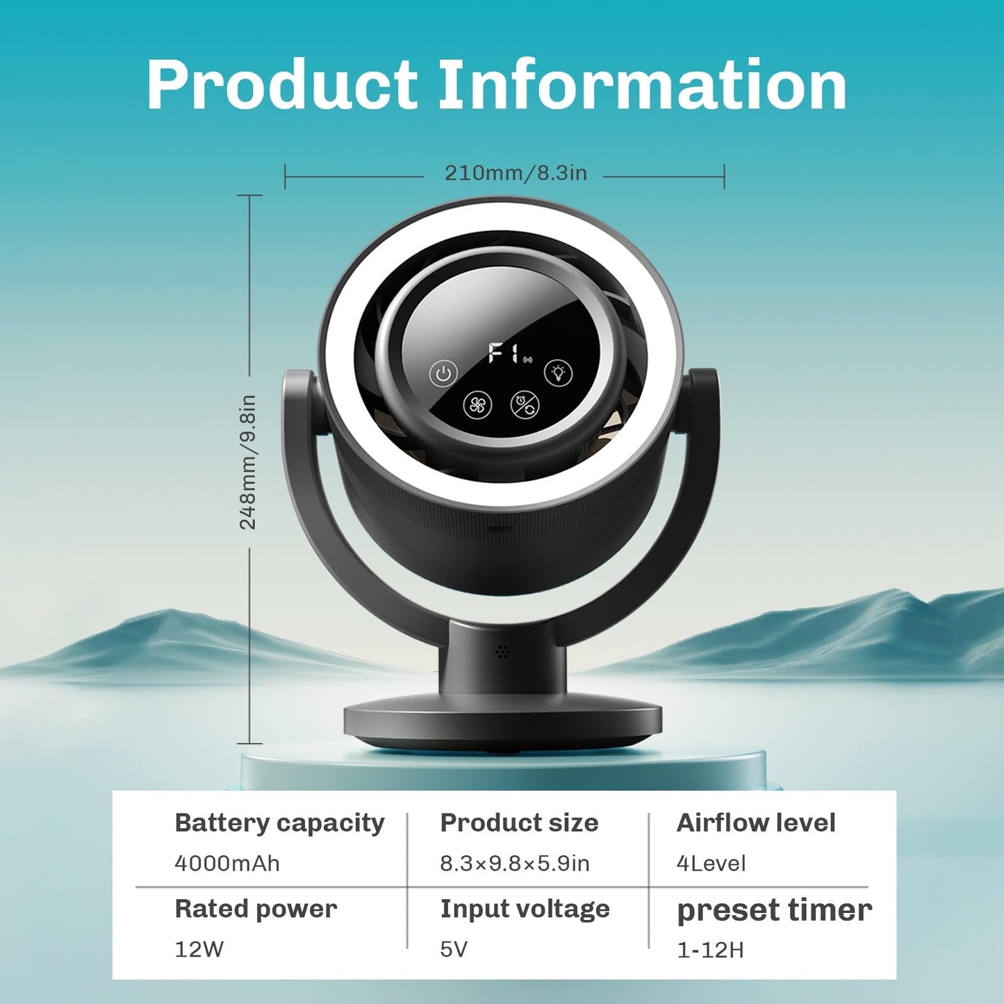 Desk Fans for Bedroom with 4000mAh Rechargeable Battery ,LED Display quiet desktop Fan with Timer, Ultra-Quiet Operation, Night Light Automatic