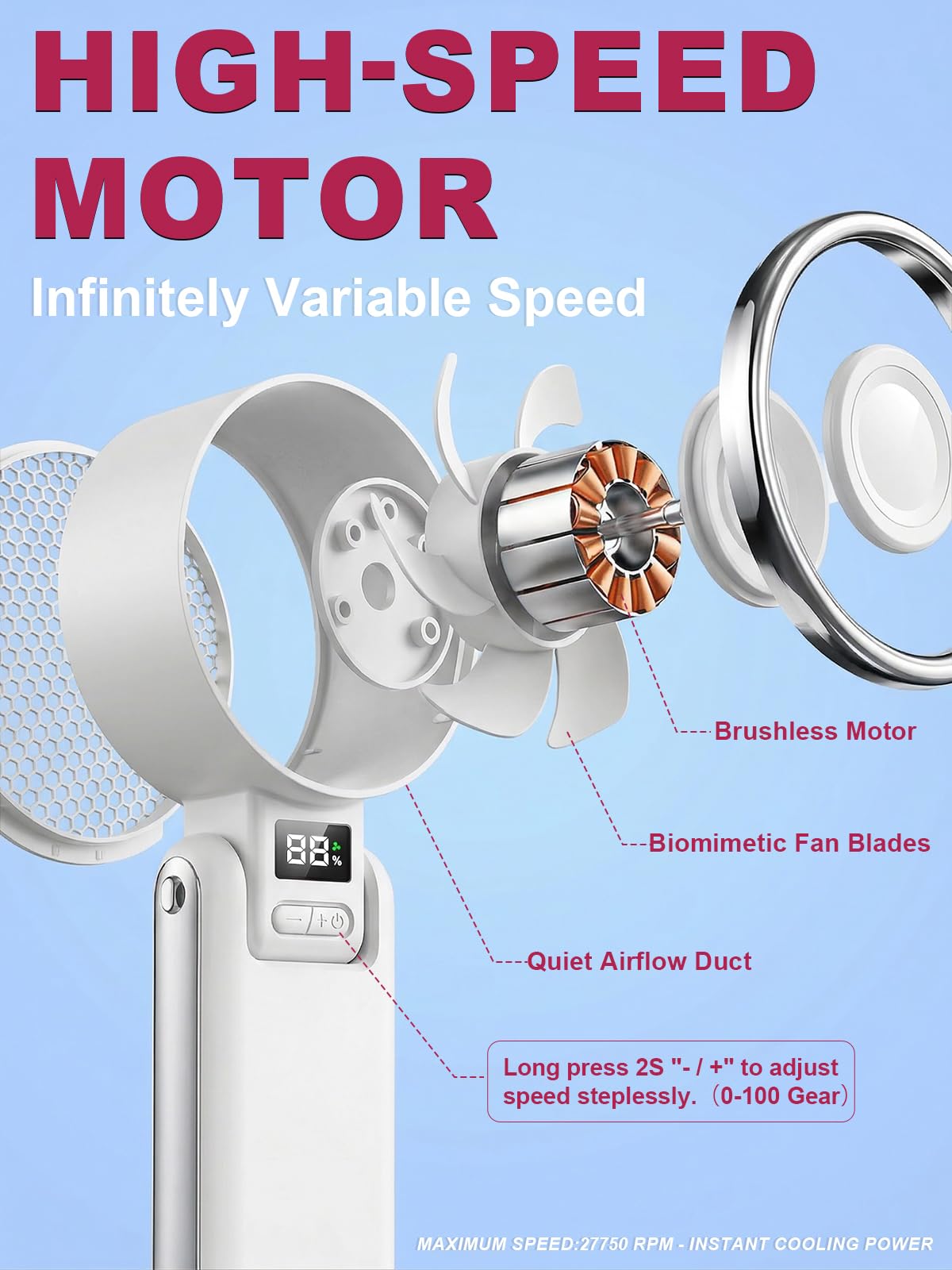 KIMWIND Portable Handheld Fan, High Speed Turbo Fan with 100 Gear, Up to 12 Hours Rechargeable Battery, 3 IN 1 Hand Fan, Mini Personal Fans