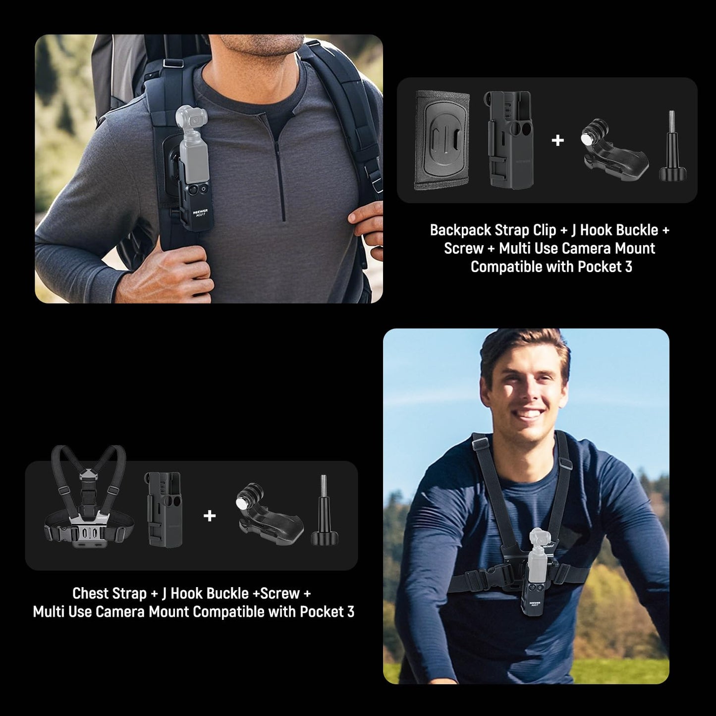 NEEWER Basics 16 in 1 Accessories Kit Compatible with DJI OSMO Pocket 3, Mini Tripod Selfie Stick Chest Strap Magnetic Neck Mount Extension Adapter