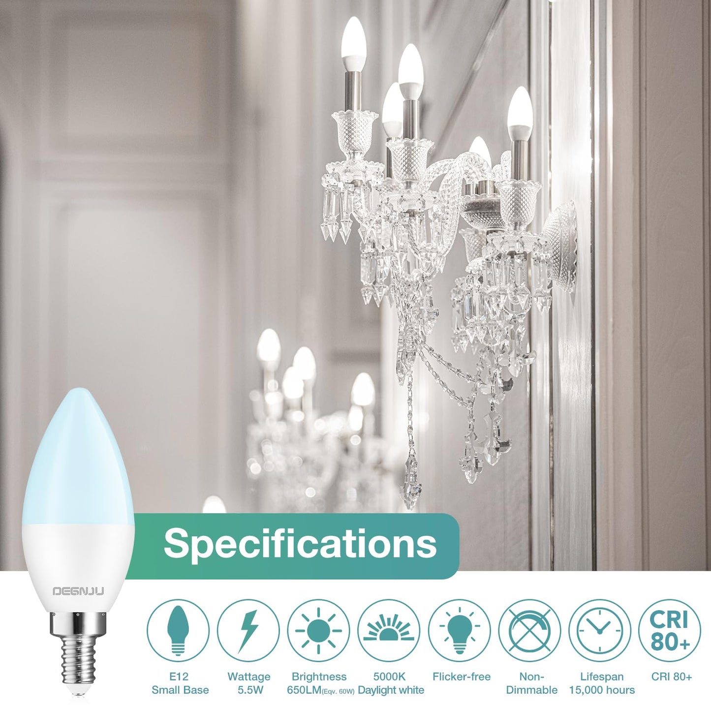 DEGNJU 20 Pack Chandelier Light Bulbs 60 Watt Equivalent, Candelabra LED Light Bulbs, E12 LED Bulb Daylight 5000K, Type b Light Bulb 5.5W, Candelabra
