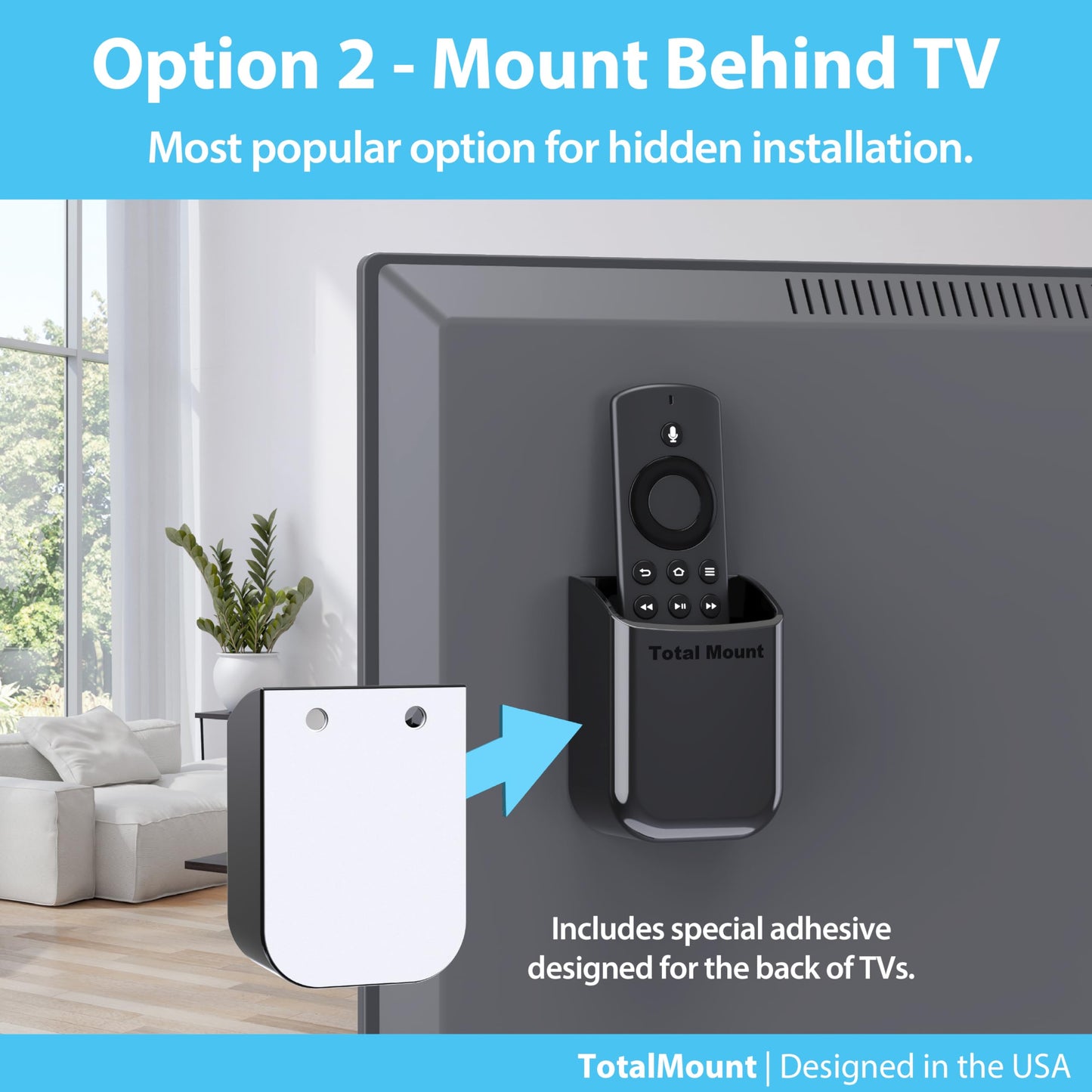 TotalMount Universal Remote Control Holders (2 Pack) - Attach to Wall or Back of TV - Compatible with All TV Remotes (Premium Black, Medium)