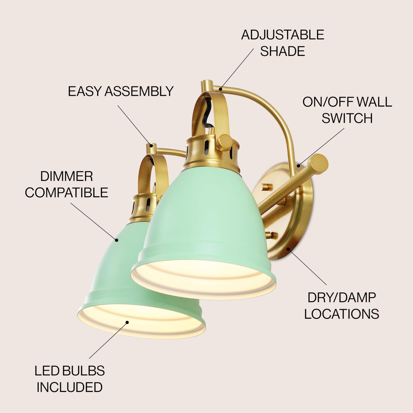 JONATHAN Y 16.25" Mint Green/Brass Gold 2-Light LED Vanity Light, Adjustable Wall Sconce for Bathroom Mirror, Farmhouse Bohemian Kitchen Light, Iron