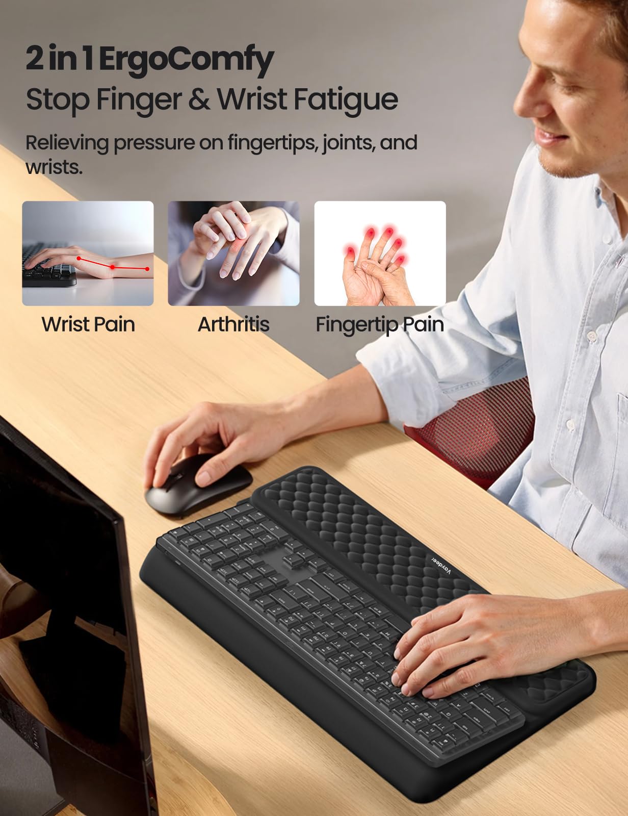 Vaydeer Wrist Rest with Keyboard Stand, Computer Wrist Support Pad, Ergonomic Keyboard Riser Holder Lifter Tray with Wrist Pad, Soft Memory Foam Desk