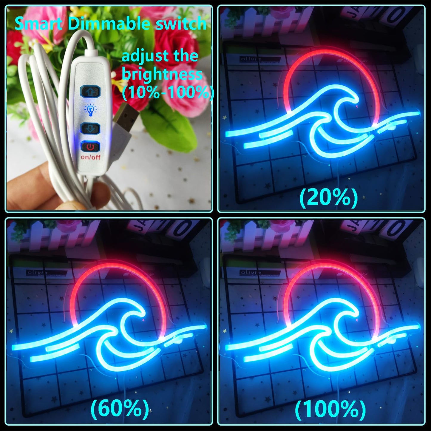 Sunrise Sunset Neon Sign Dimmable Wave Tropical Sunrise Ocean Neon Sign Surf Room Decor for Living Room Bedroom Office Bar Birthday Party Christmas