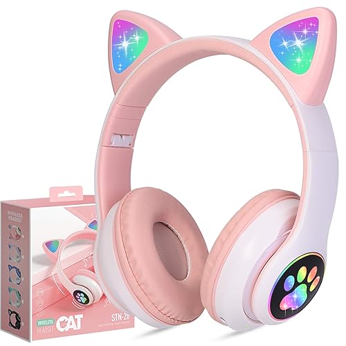 TCJJ Bluetooth 6.0 Cat Ear Kids Headphones for Girls, LED Light Up, 85dB Safe Volume Limit, Stereo Sound Toddler Foldable Wireless & 3.5mm Wired…