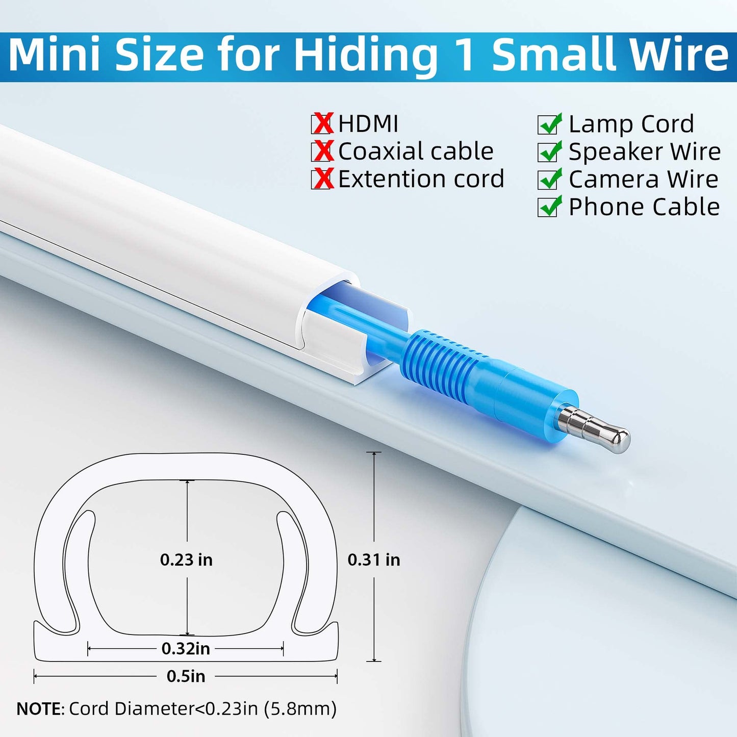 Yecaye 128in Mini Cord Hider for 1 Mini Wire, On-Wall Cord Cover Channel, Tape Wire Concealer, Cable Cover Cable Management for Home Office, W0.5in