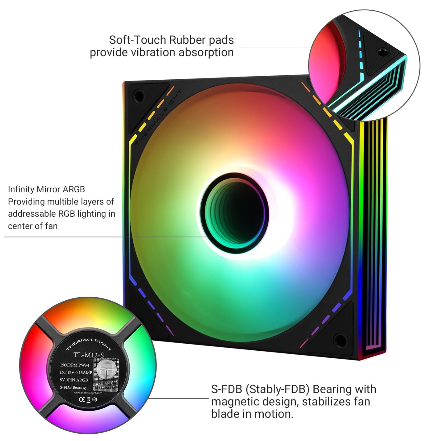 Thermalright TL-M12-S CPU ARGB Cooler - 120mm Case Fan with ARGB Side Mirror Light, PWM 4pin Connector, Silent S-FDB Bearing Desktop Cooling Fan