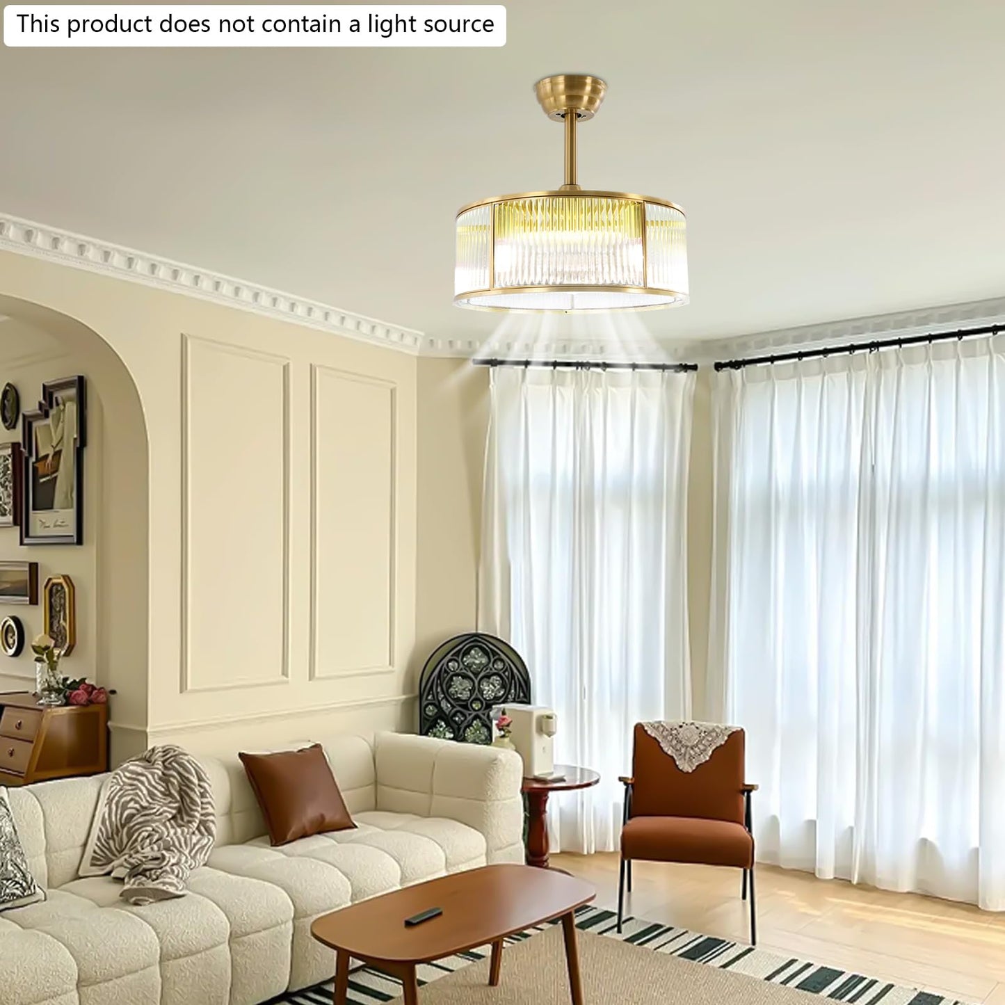 KIOMGLE 18 Inch Gold Fandelier Crystal Ceiling Fan with Light, Enclosed Modern Ceiling Fan Industrial Caged Chandelier Fan with 6-Speed Reversible