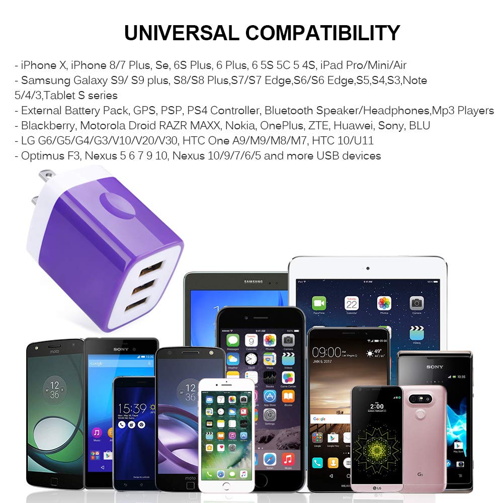 3 Port USB Wall Charger - Multi-Port USB Plug, 5V 3.1A Compatible with iPhone 14/13/12/11/Xs/XR/8/7/6S, Samsung Galaxy S23/S22/S21/A14/A13/Note 20, LG
