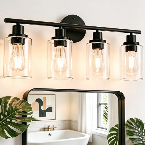 Sylvania 23" Bathroom Light Fixture with 4 Clear Glass Shade, Iron with Black Finish, E26 Medium Base, Vanity Lights for Bathrooms, Foyers, Entryways