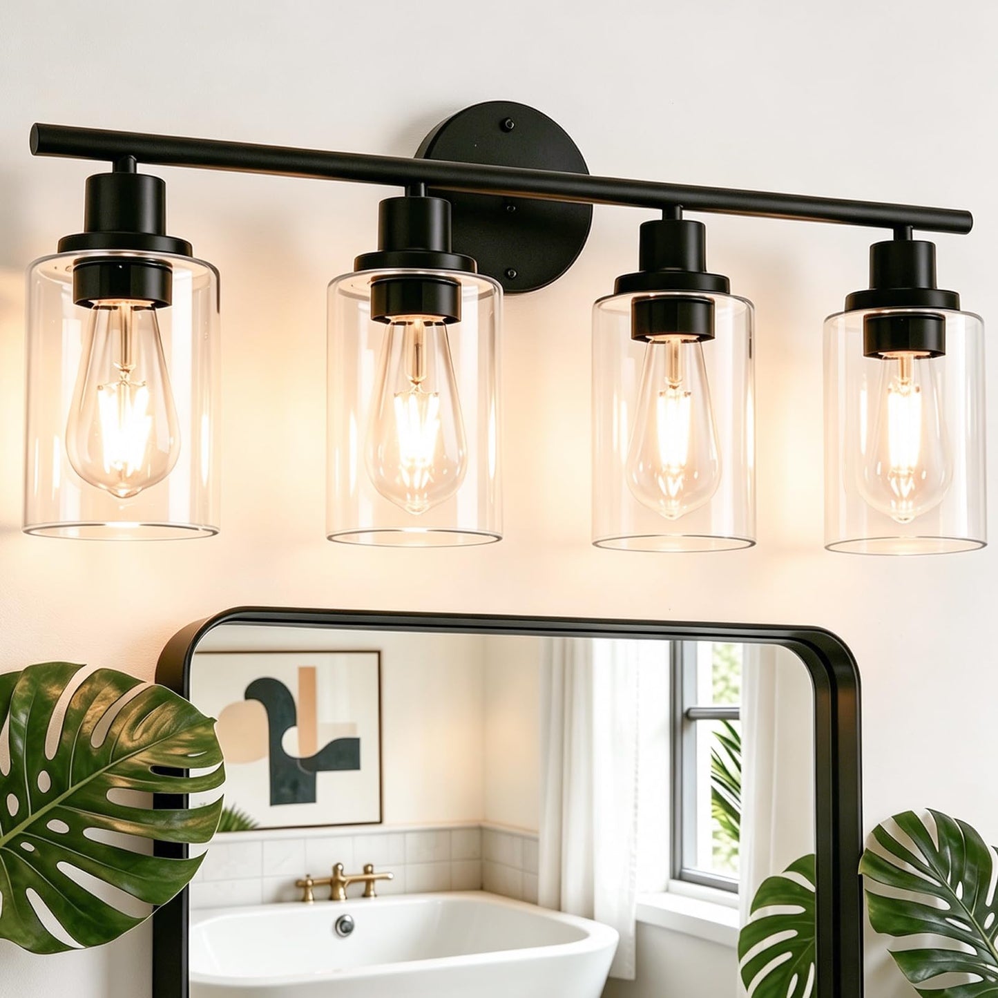 Sylvania 23" Bathroom Light Fixture with 4 Clear Glass Shade, Iron with Black Finish, E26 Medium Base, Vanity Lights for Bathrooms, Foyers, Entryways