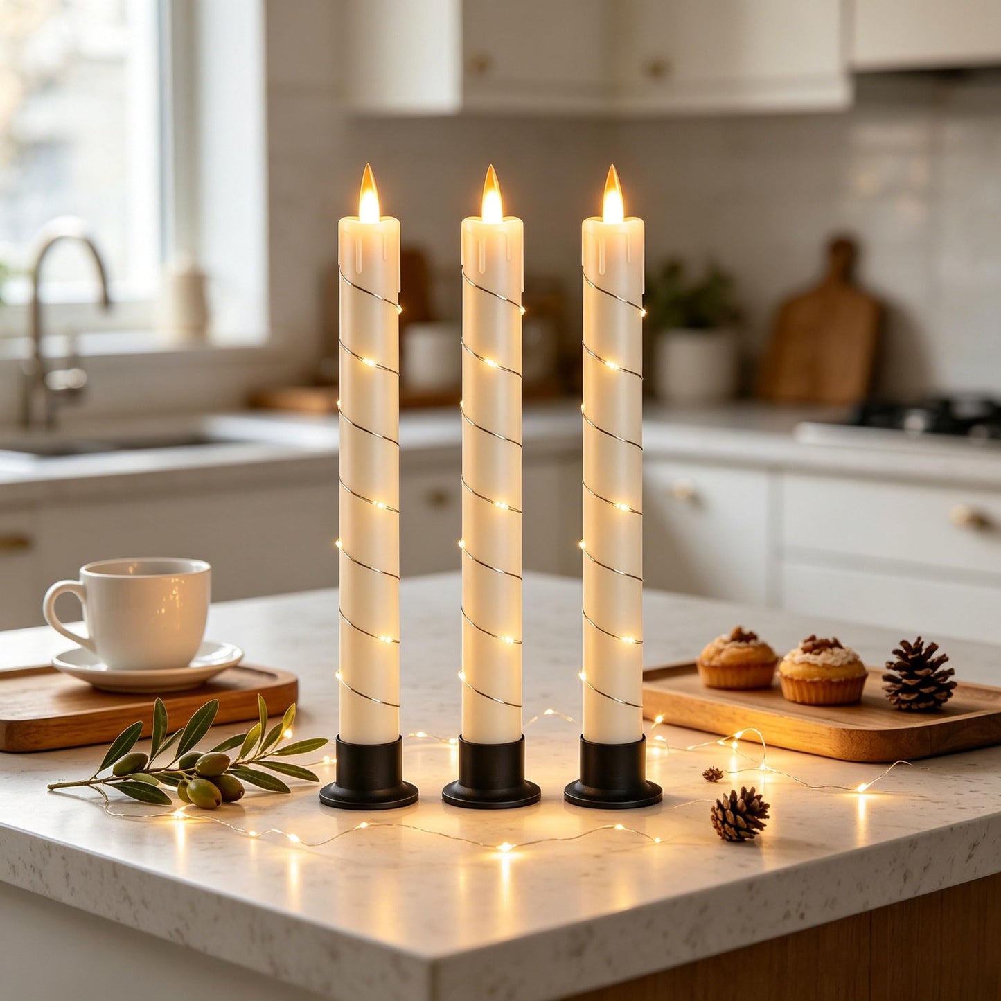 3 Pack Ivory Dripping Wax Flameless Candles, Realistic Dynamic Flame LED Taper Candles with Surrounding Fairy String Lights, Remote Control Battery