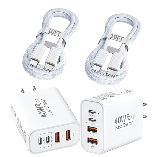 iPhone 17 Charger Fast Charging,4-Port USB C Charger Block 2Pack 40W Apple Charger with 10FT USB C to C Woven Braid Cable Cord for Apple iPhone 17e/17