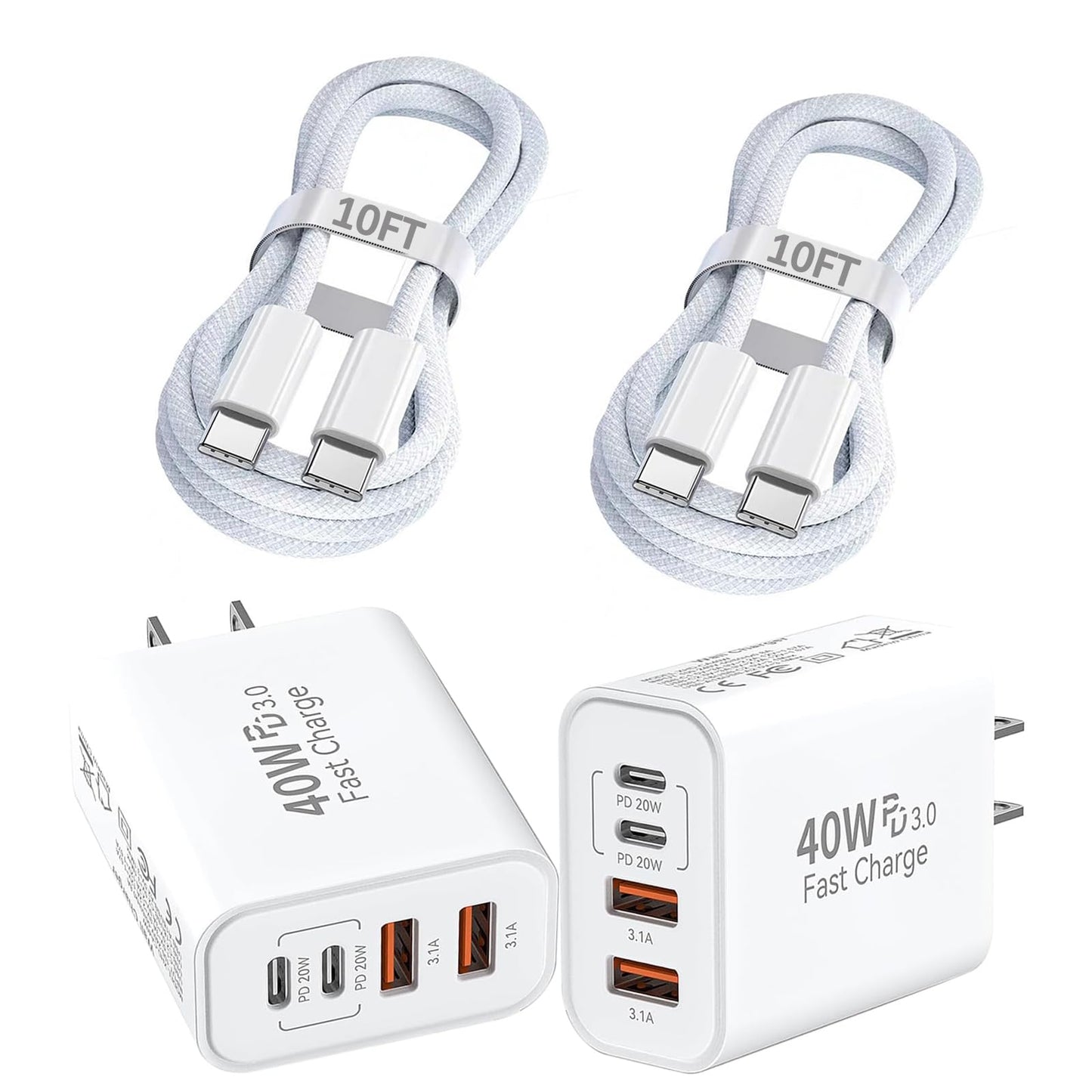 iPhone 17 Charger Fast Charging,4-Port USB C Charger Block 2Pack 40W Apple Charger with 10FT USB C to C Woven Braid Cable Cord for Apple iPhone 17e/17
