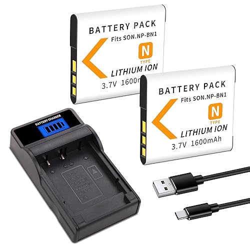 NP-BN1 Battery 2-Pack with Slim LCD Charger Compatible for Sony Cyber-Shot DSC-QX10 QX30 QX100 DSC-TF1 DSC-TX10 TX20 TX30 DSC-W530 DSC-W570 DSC-W650