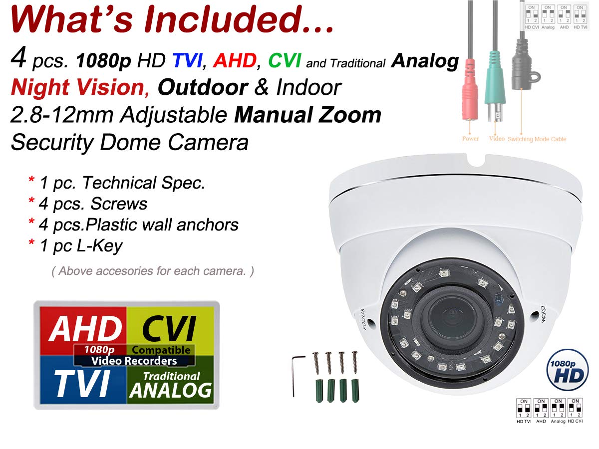 Evertech 1080p Dome Security Cameras 1920x1080 high Resolution Weatherproof Indoor/Outdoor, Night Vision up to 98ft, 2.8-12mm Adjustable Lens White