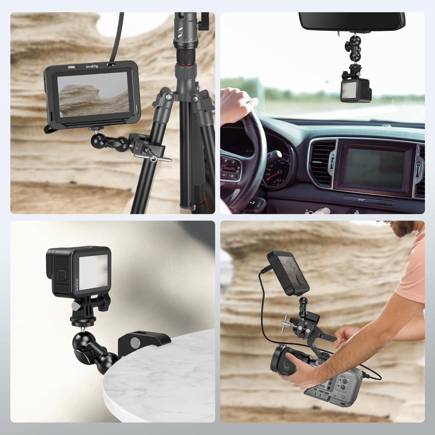 SMALLRIG Super Camera Clamp Mount, Double Ball Head Magic Arm Adapter, Fence/Desk/Tripod Mount for Monitor/Light/Camera, for Insta360, for Gopro