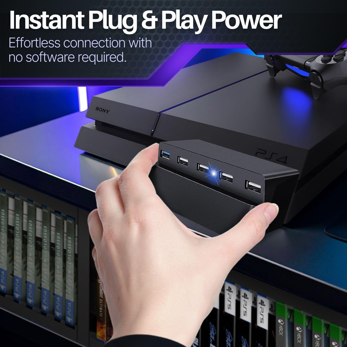 TNP 5 Port USB Hub for PS4 Slim Edition - USB 3.0/2.0 High Speed Extender Adapter Accessories Expansion Hub Connector Splitter Expander